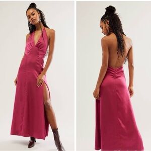 NWOT FREE PEOPLE DANCE TIL DAWN SATIN HALTER MAXI SLIT DRESS SMALL